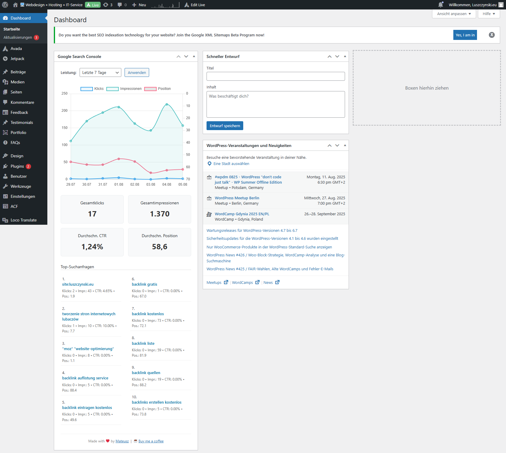 Screenshot des GSC Dashboard Widgets mit SEO-Metriken für WordPress