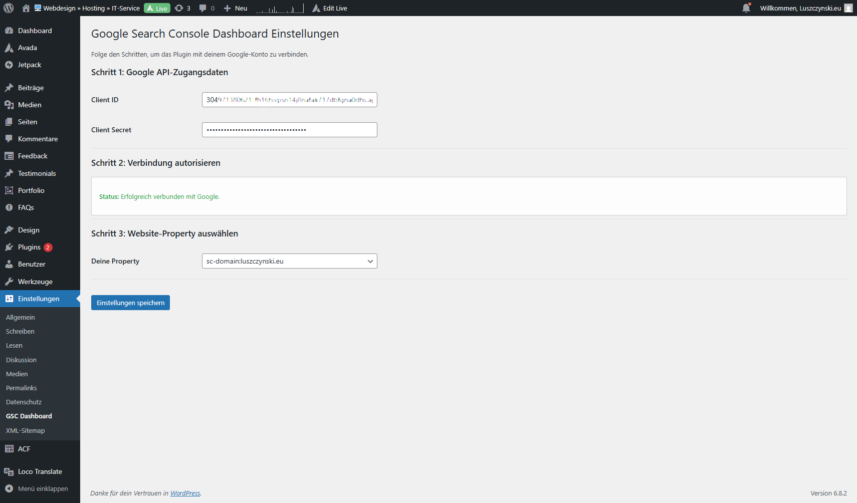 Screenshot der Einstellungsseite des GSC Dashboard Plugins